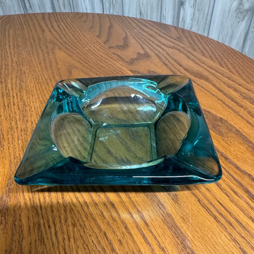 Sold Vintage Ashtray MCM Aqua Blue Glass Square 4 Cigarette Slots  6"